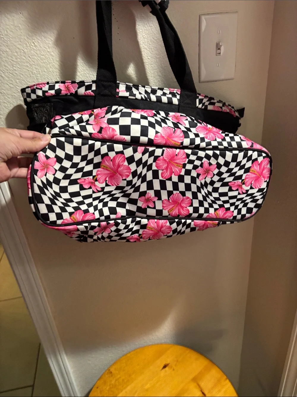 Black Tote Bag with Pink Floral Checker Trim
